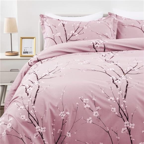 Floral Duvet Cover Set King, Pink Flower Plum Pattern Comforter Cover Set - Picture 4 of 6